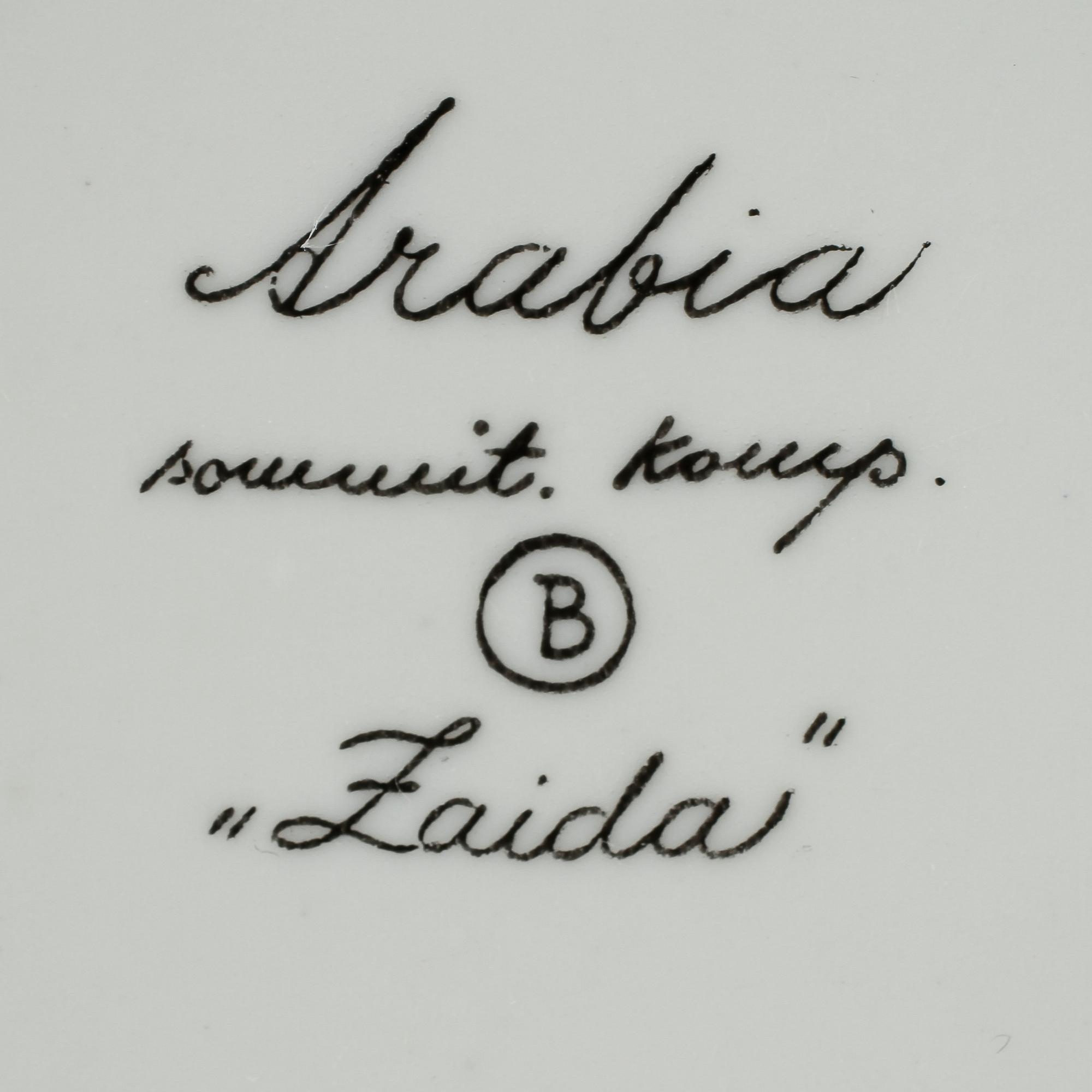 MOCCAKOPPAR, 12 st, porslin, Arabia, "Zaida", "Hillevi", "Milla", "Leila", "Asta" resp "Eira", 1900-talets senare hälft.