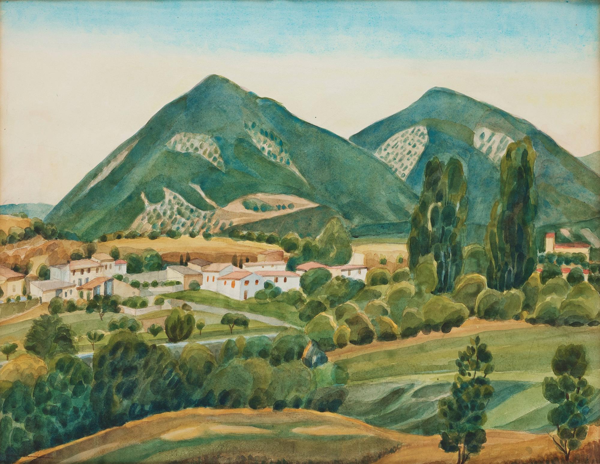 Josef Frank, akvarell, sydländsk landskapsvy med berg i fonden, osignerad.