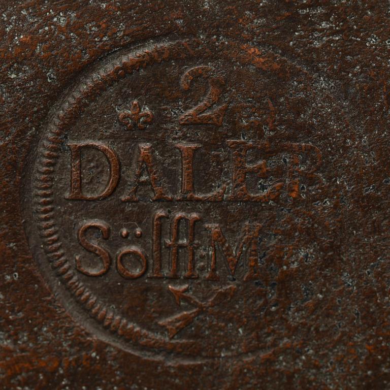 PLÅTMYNT, koppar, 2 daler silvermynt, Karl XII av Sverige, 1714. Total vikt ca 2220g.