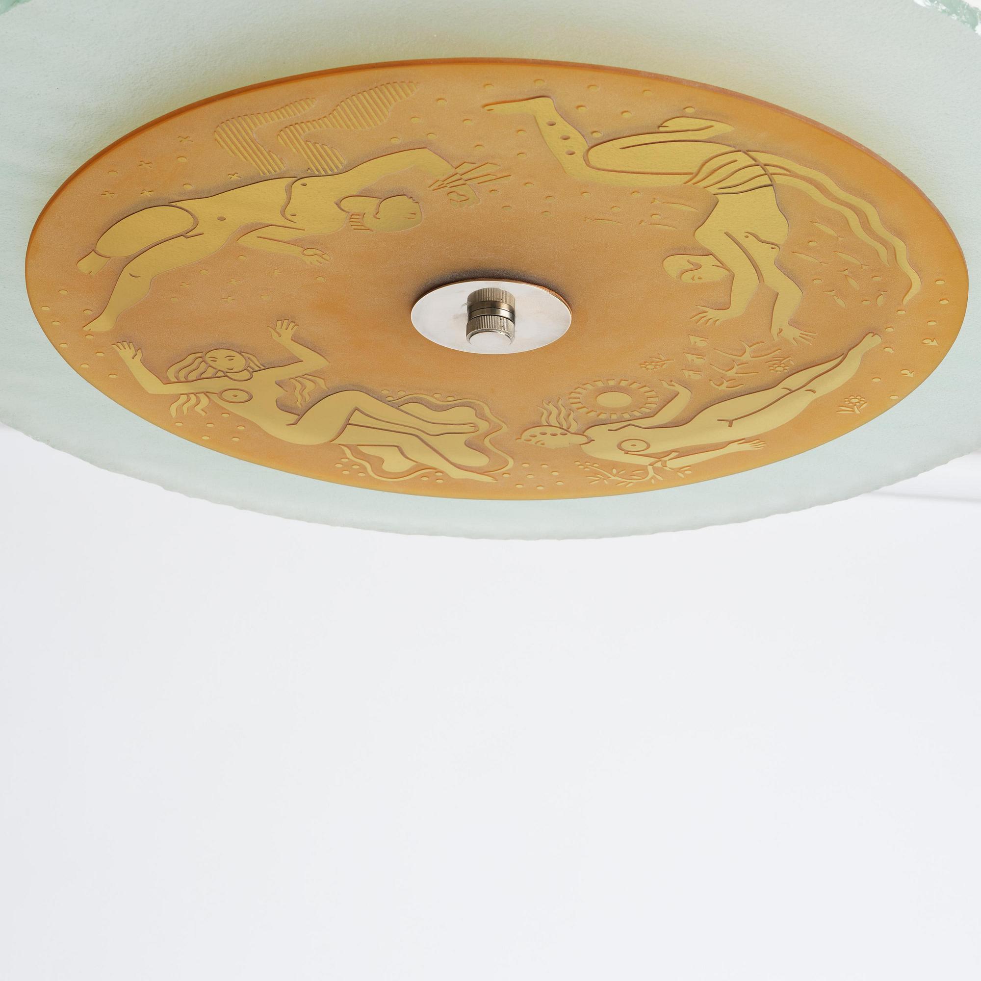 Edward Hald, & Erik Tidstrand, a rare "The 4 Winds" ceiling lamp model "HD 656"/"29679", Orrefors & Nordiska Kompaniet, 1930s.