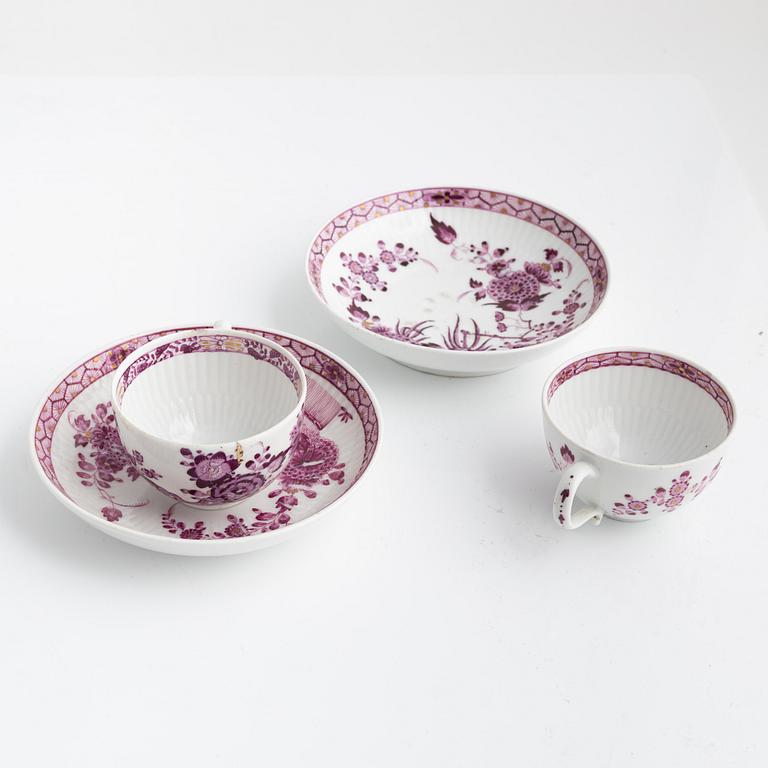 Three plates and two cups with saucers, Meissen, 18th-19th century, and a tea pot with Meissen-like mark.