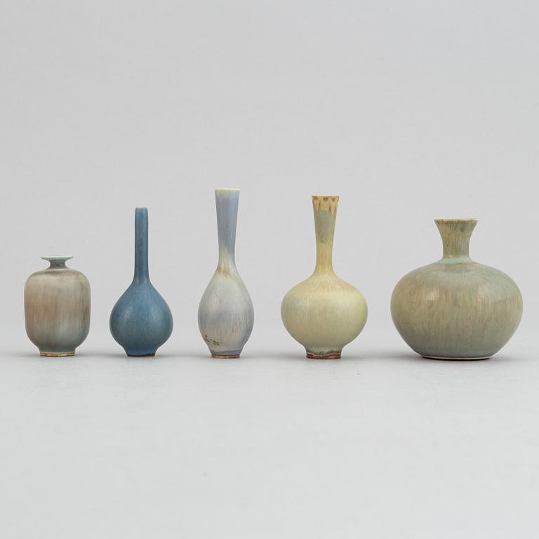 Berndt Friberg, a set of five stoneware miniature vases, Gustavsbergs studio, 1950's.