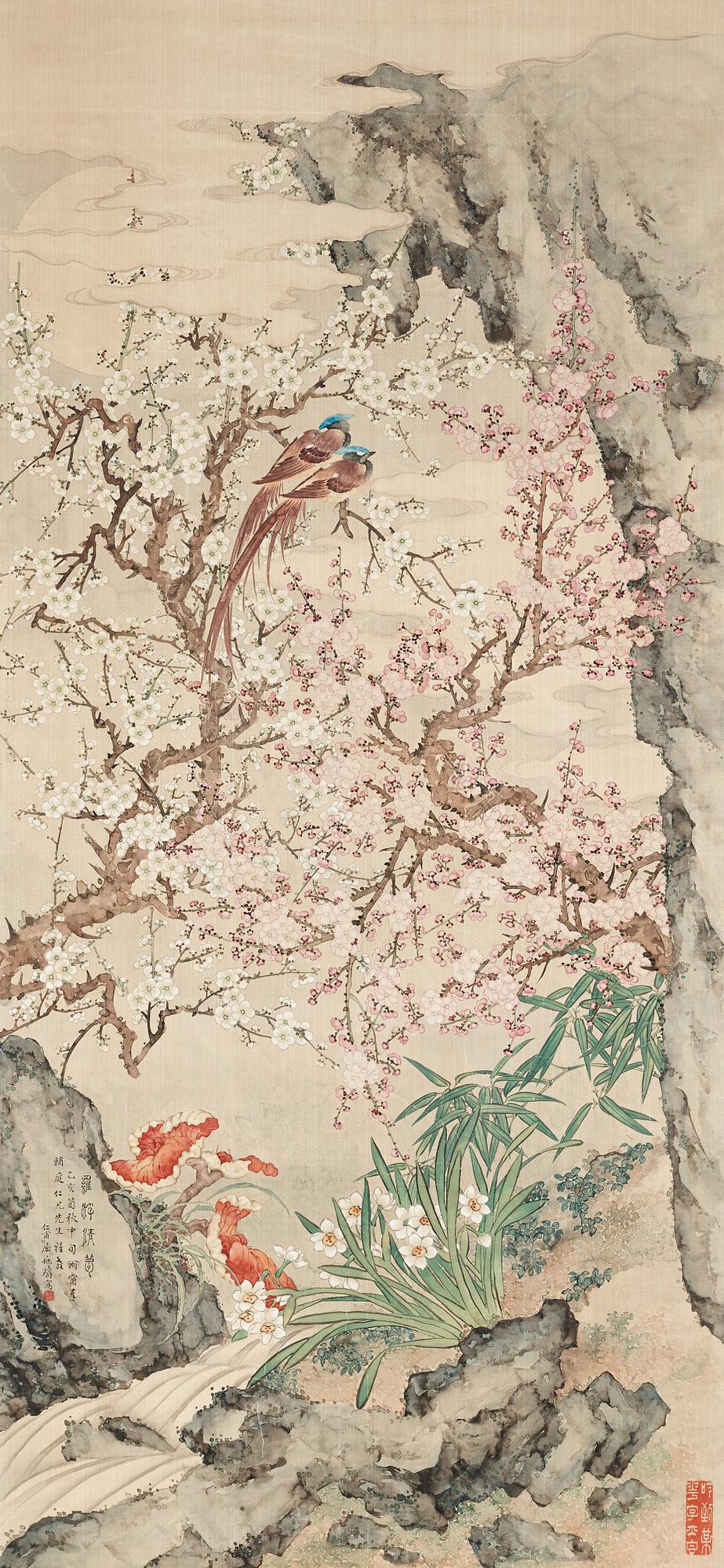 MÅLNING, blommande prunus och fåglar, Qu Zhaolin (1866-1937), signerad.