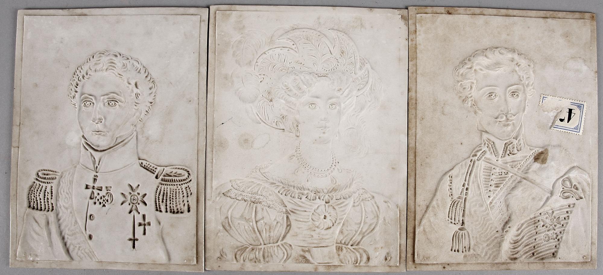 LITOFANIPLATTOR, 3 st. Karl-Johan, Desideria och Oscar I. 1800-talets första hälft.