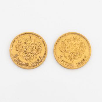 Two Russian goldcoins, 5 rubles, 1899 & 1900.