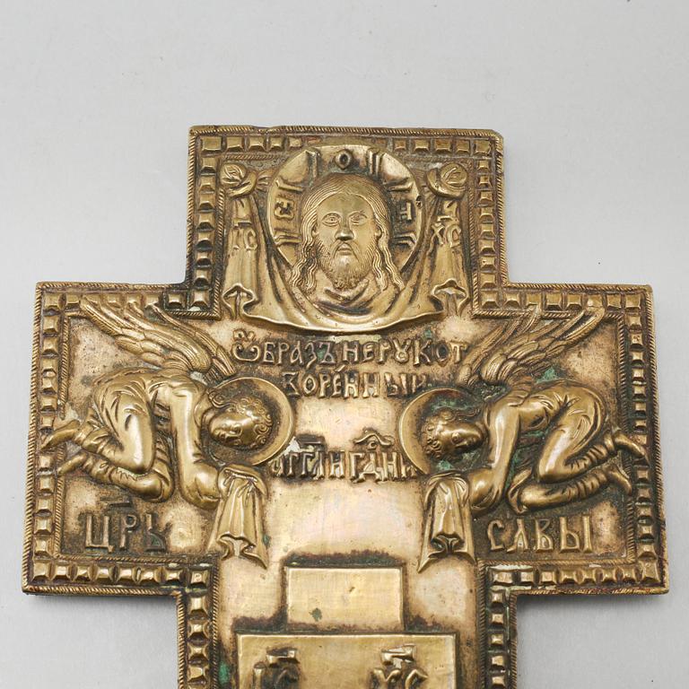 A Russian brass icon crucifix, ca turn of the century 1900.