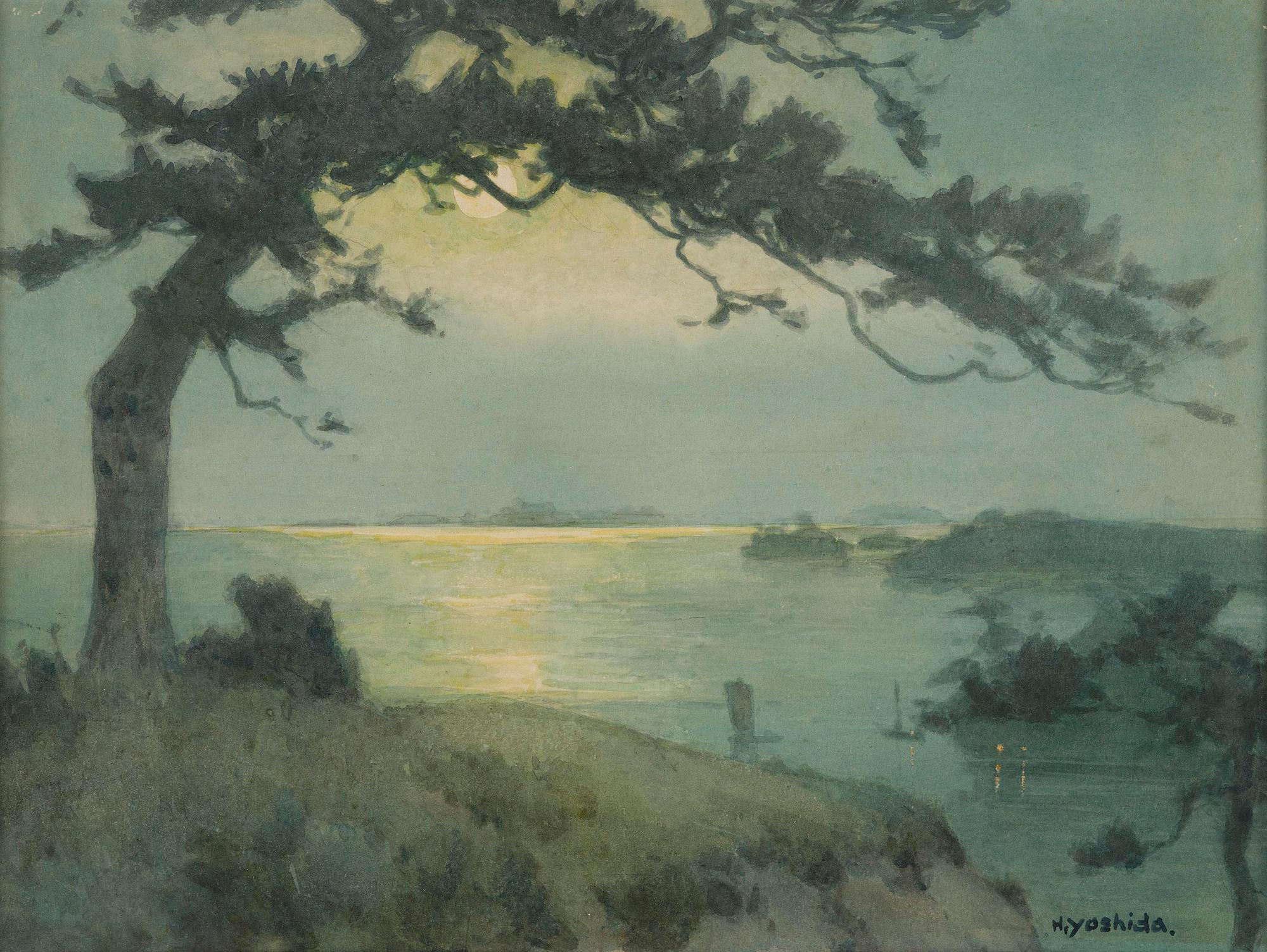 Hiroshi Yoshida, Månlandskap med tall vid kust.