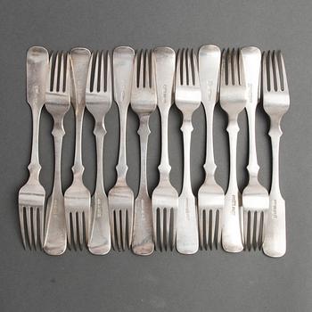 A set of twelve silver dinner forks from Dorpat, mark of Christian Nagel, 1858/1863, and C. Jürgens, 1856/1857.