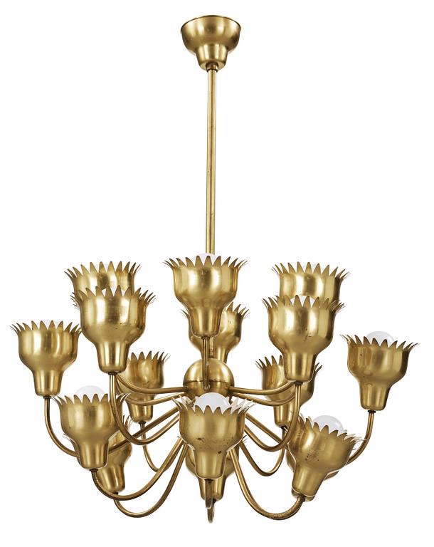 Hans Bergström, an eighteen armed 'Beehive' brass chandelier, Ateljé Lyktan, Swedish Modern, 1940-50's.