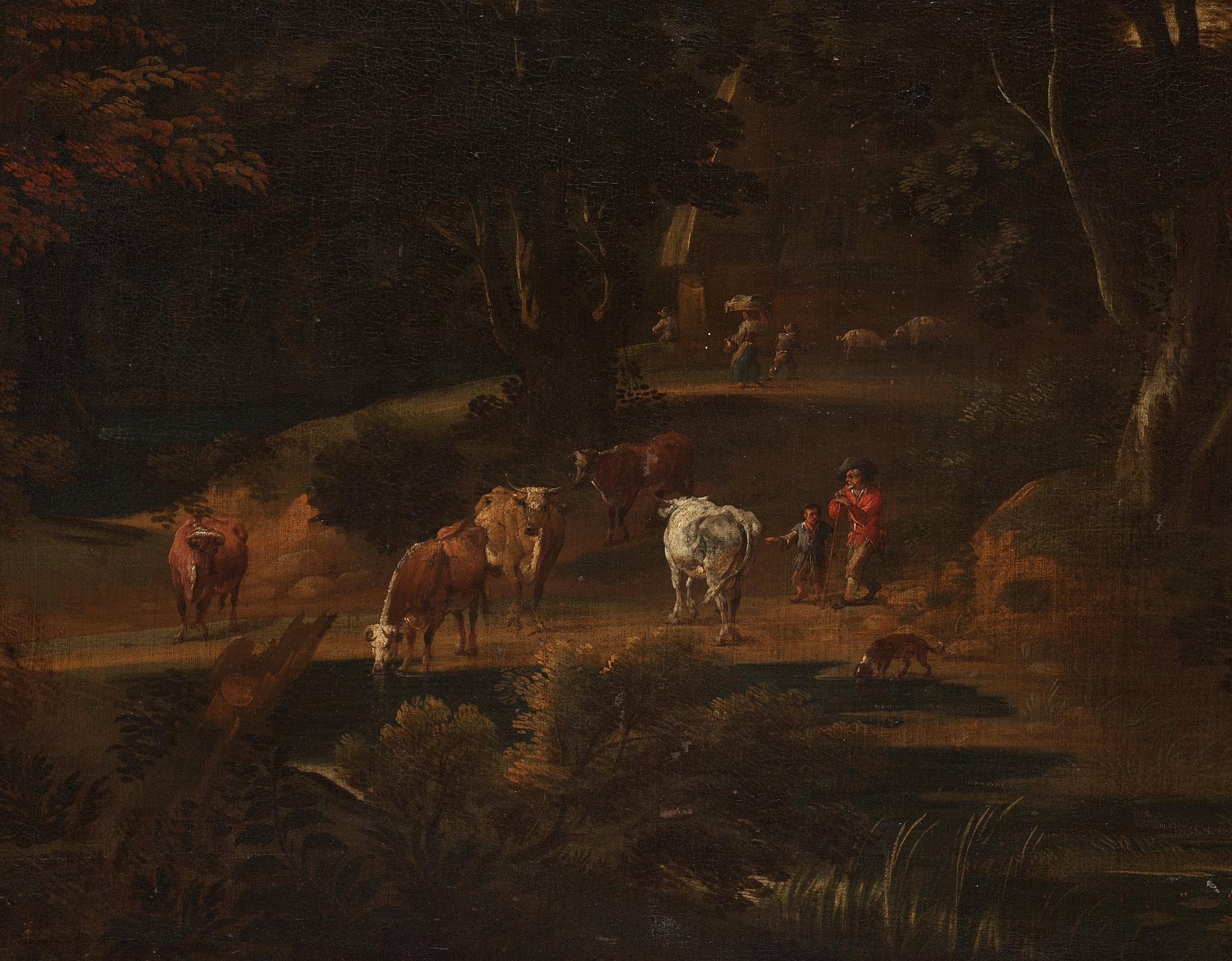 Jacques D'Arthois & David Teniers Tillskrivna, Landskap med människor och boskap.