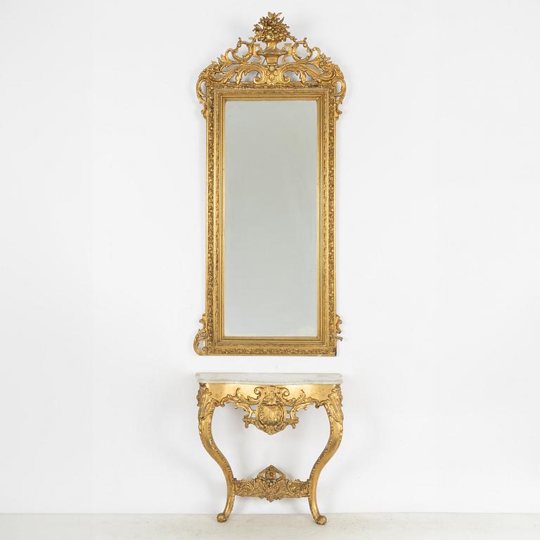 Spegel och konsolbord, rokokostil 1800-tal.