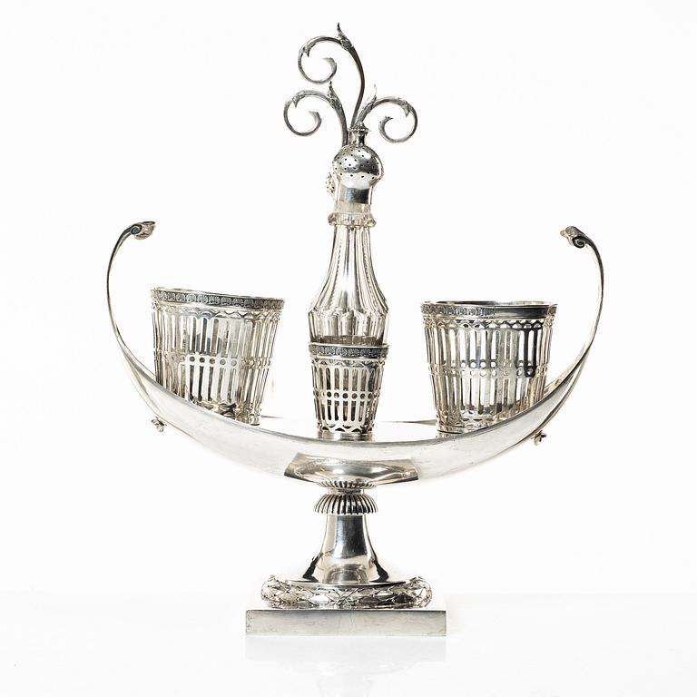 A Swedish late Gustavian silver and glass cruet-set, mark of Pehr Zethelius, Stockholm 1798.