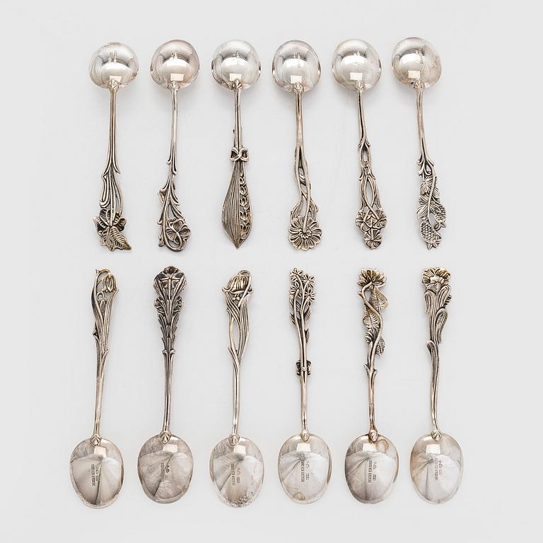 Kaffeskedar, 12 st, silver, "Svenska Floran", 1970-tal.