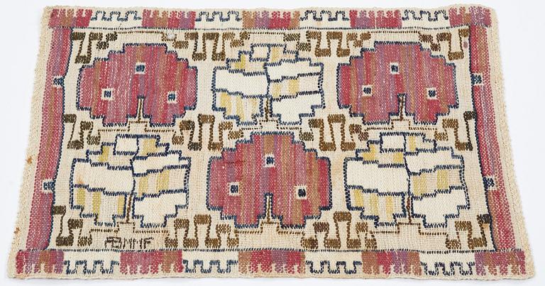 Märta Måås-Fjetterström, vävnad, "Grodblad röd", inplock på linnebotten, ca 40,5-41 x 58,5-60 cm, signerad AB MMF.