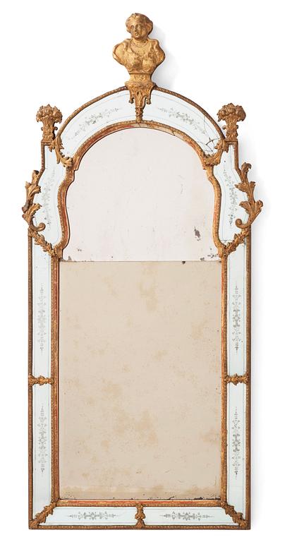 A Baroque gilt-lead and engraved glass mirror by Burchardt Precht (active in Stockholm 1674-1738).