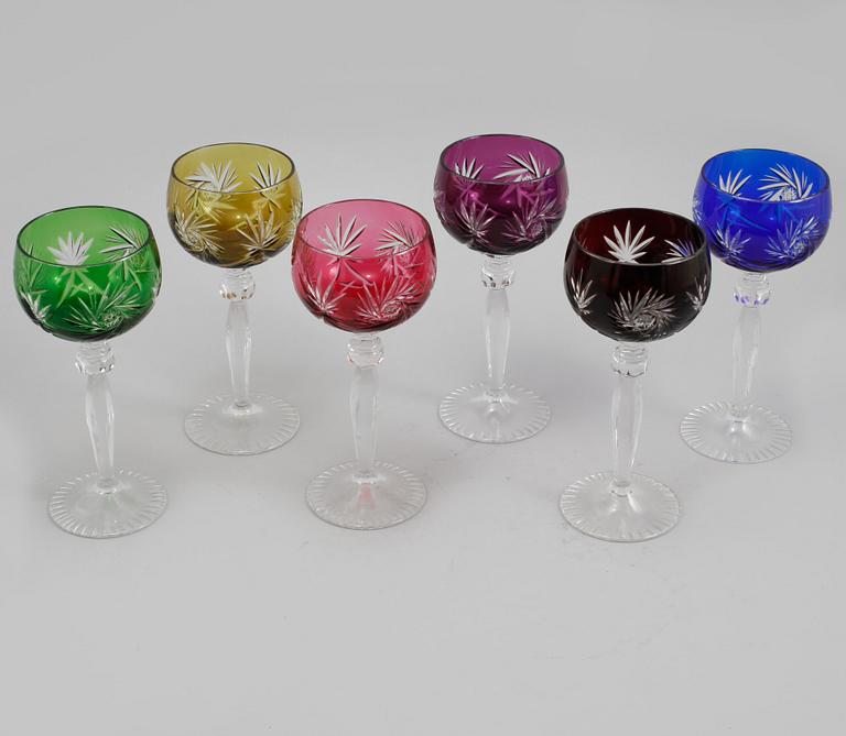 VINGLAS, 6 st, glas, Böhmisk typ, 1900-tal.