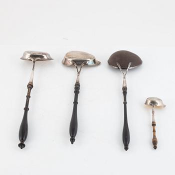 Three soup ladles and one gravy ladle, silver, Visby and Stockholm, Sweden, mid 19th century.
