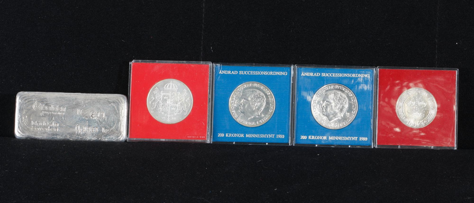 SILVERMYNT, MINNESMYNT SAMT SILVERTACKA, Boliden, 0,4983 kg. 15 st. Sverige o Finland, 1900-tal.