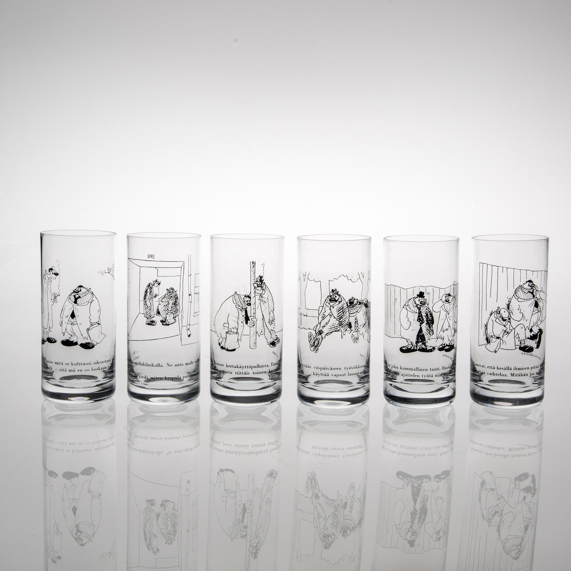 DRICKSGLAS, 6 st, med Kari Suomalainens skämtteckningar.