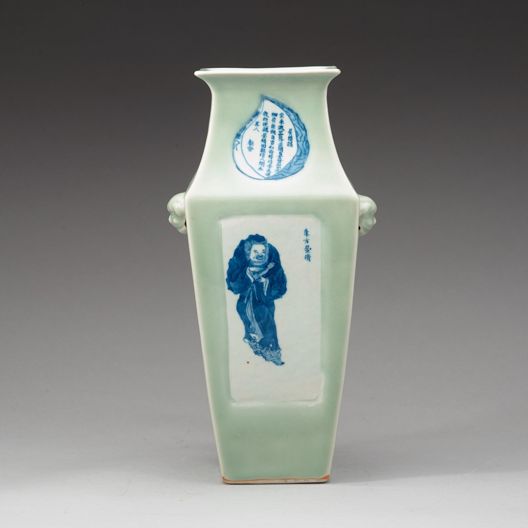A celadon ground blue and white vase, late Qing dynasty.