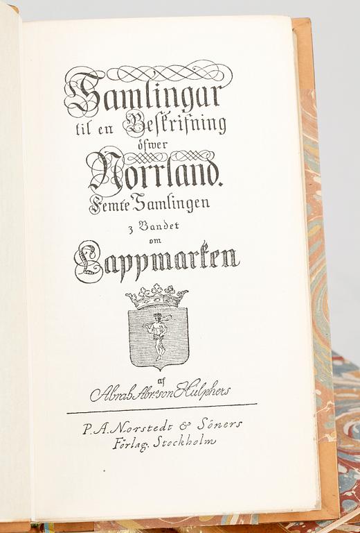 BOKVERK, I-V i 7 vol, "Beskrifning öfwer Norrland" av Abraham Abrahamsson Hülphers, Västerås 1771-1797.