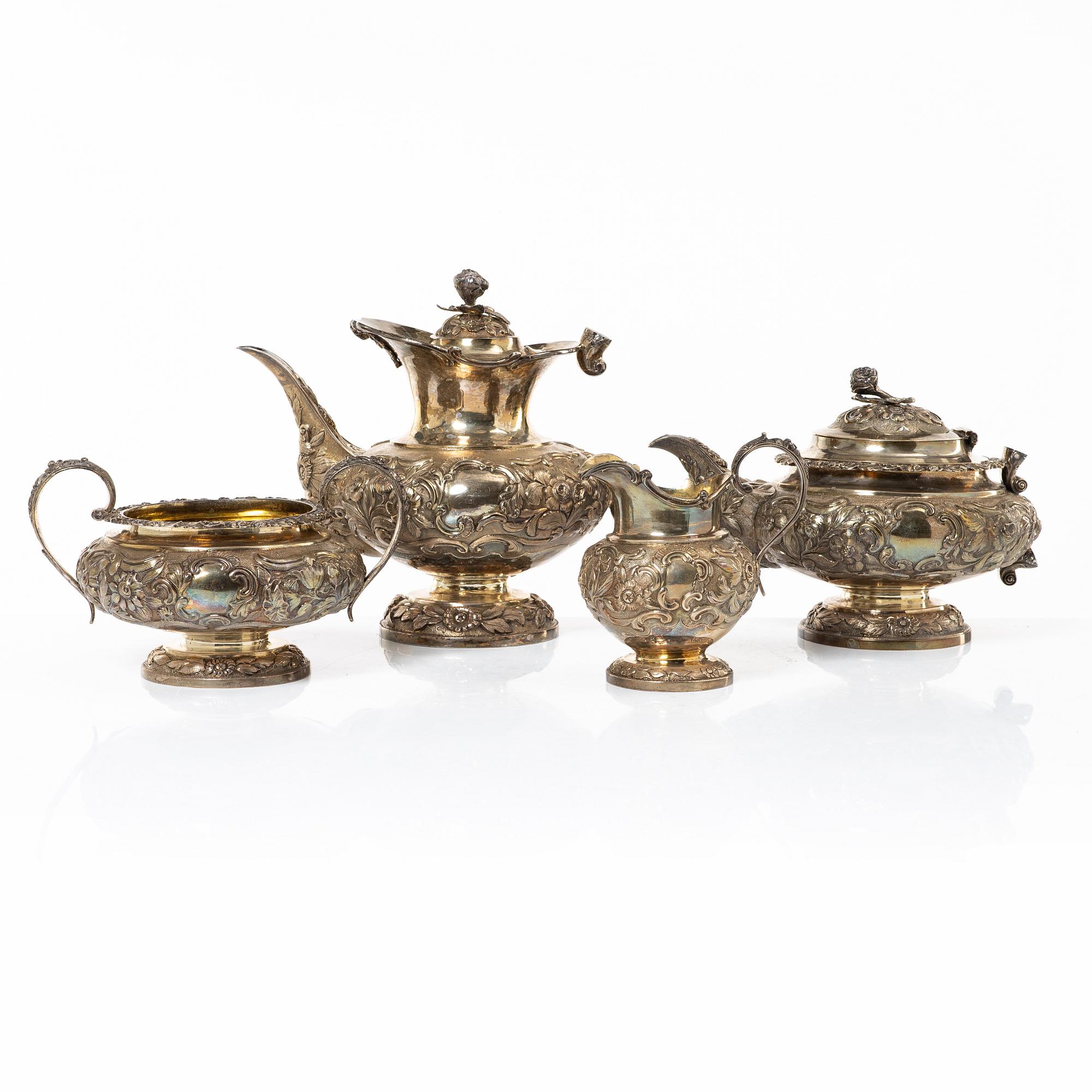 Kaffe- och teservis, 4 delar, silver, London, England 1828-29, Joseph Craddock resp Josiah Barnett.