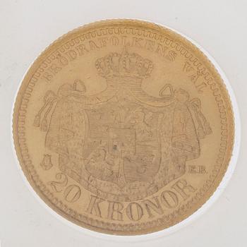 MYNT, guld, 20 kronor, Oscar II, 1898, vikt ca 9 g.