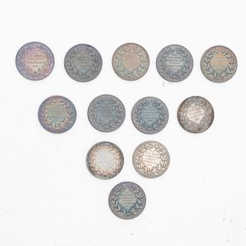 Medals, 12 pcs, silver, Kungl Myntverkt, Sweden, circa 1900.
