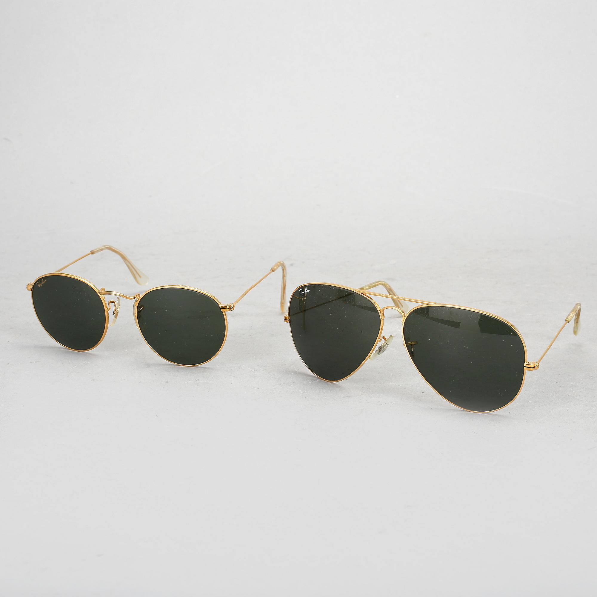 SOLGLASÖGON, 2 st, "Aviator" och "Round metal", Ray-Ban, 1900-talets slut.