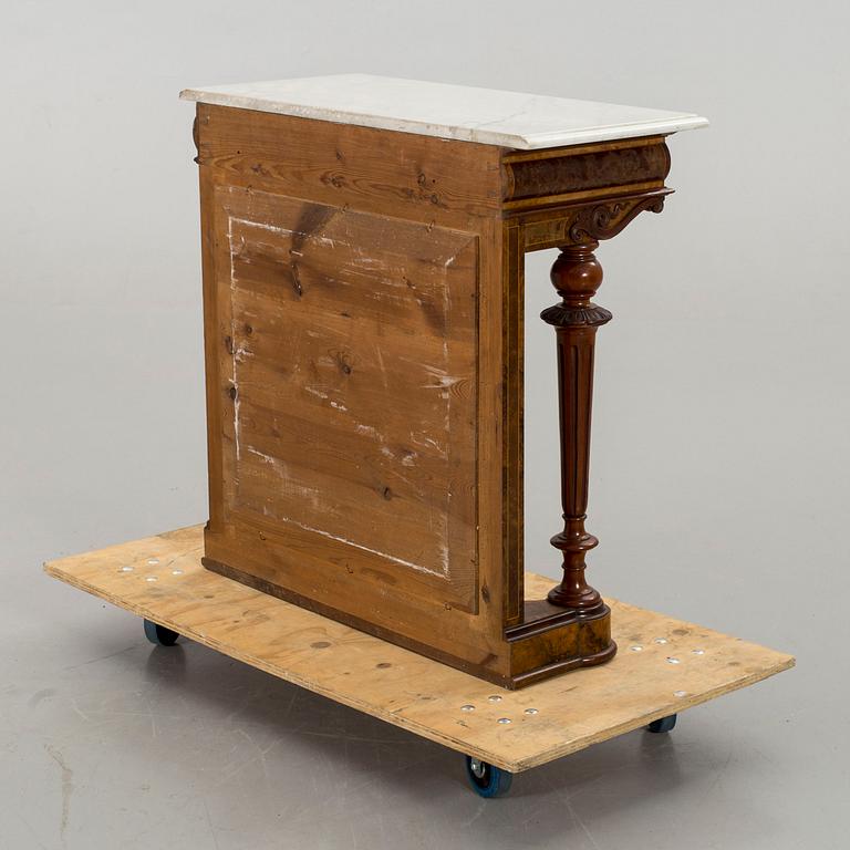 A walnut wall table with white marble top, late 19th or early 20th century.