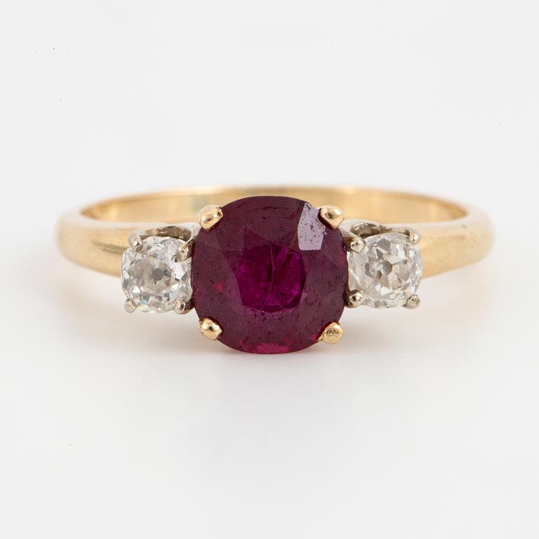 Ruby and old-cut diamond three stone ring.