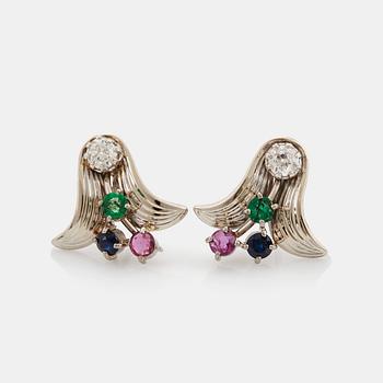 827. A pair of 18K white gold earrings set with old-cut diamonds and faceted rubies, emeralds and sapphires.