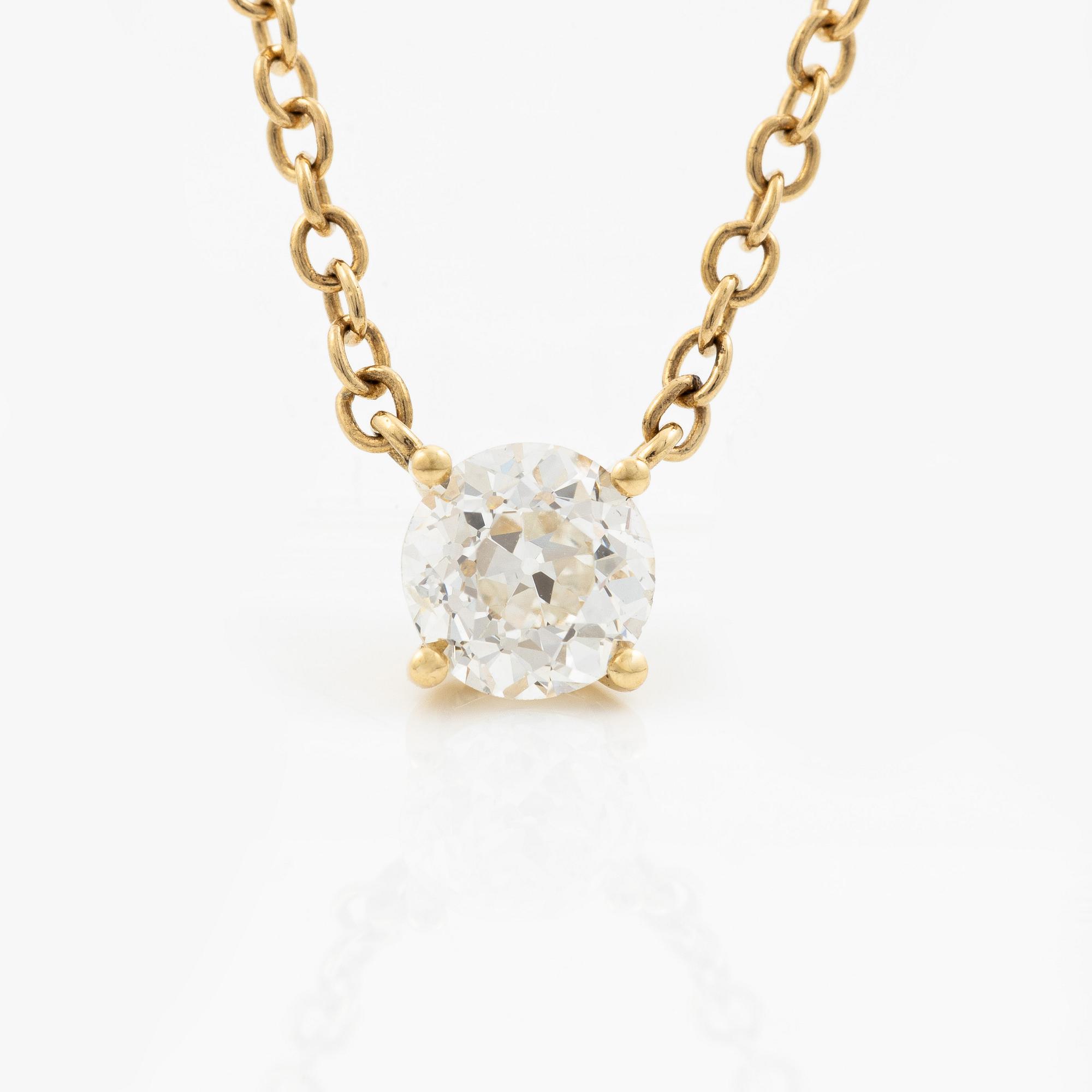 Necklace, single-stone pendant, 18K gold with old-cut diamond, accompanying IGI report.