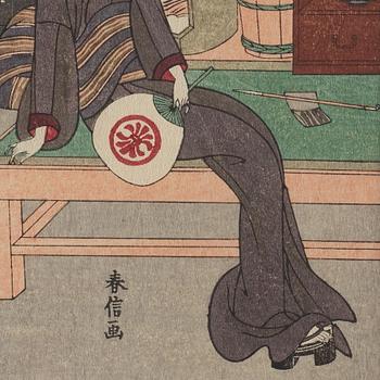 SUZUKI HARUNOBU (1724/25-70), efter, färgträsnitt. Japan, troligen 1900-tal.