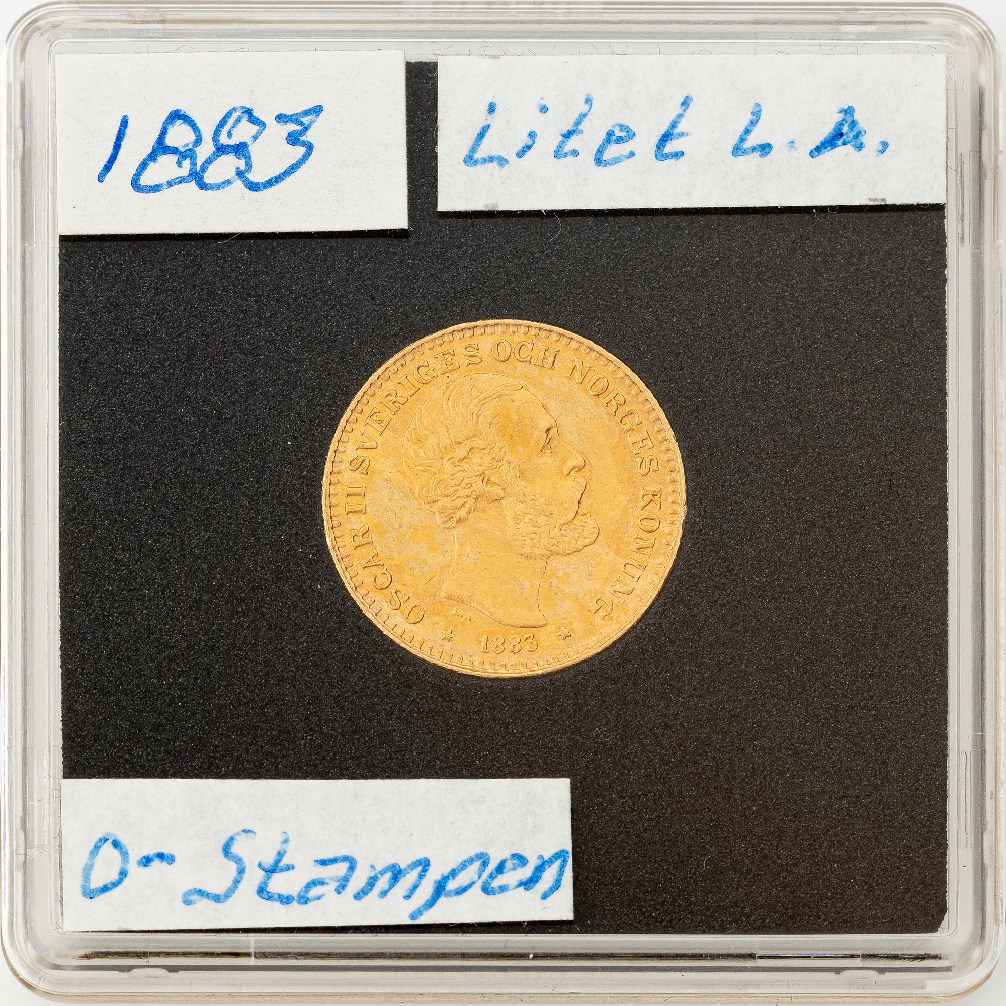Gold coin, Oscar II, 10 kronor, type II, Sweden 1883.