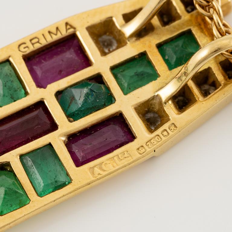 An Andrew Grima pendant in 18K gold set with step-cut emeralds, rubies and round brilliant-cut diamonds.