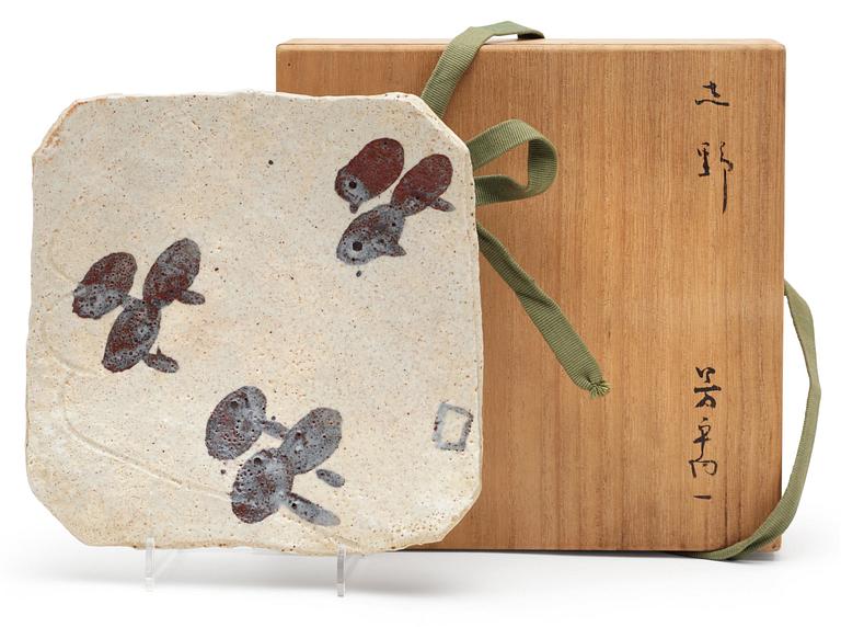 A Rosanjin Kitaoji e-shino ware dish, Japan, in its original box.