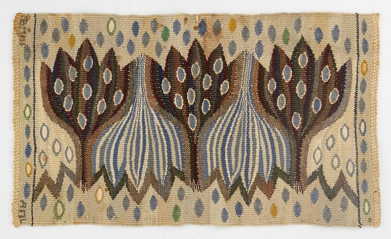 Ann-Mari Forsberg, a textile, "Blå crocus", a tapestry variant, ca 56 x 33 cm, signed AB MMF AMF.