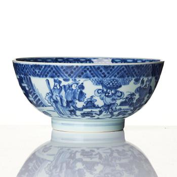 1097. A blue and white 'foreigners bearing gifts' bowl, Qing dynasty, 18th century.