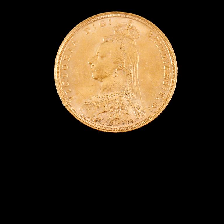 GULDMYNT, sovereign, Victoria, 1890. Vikt ca 8 gram.