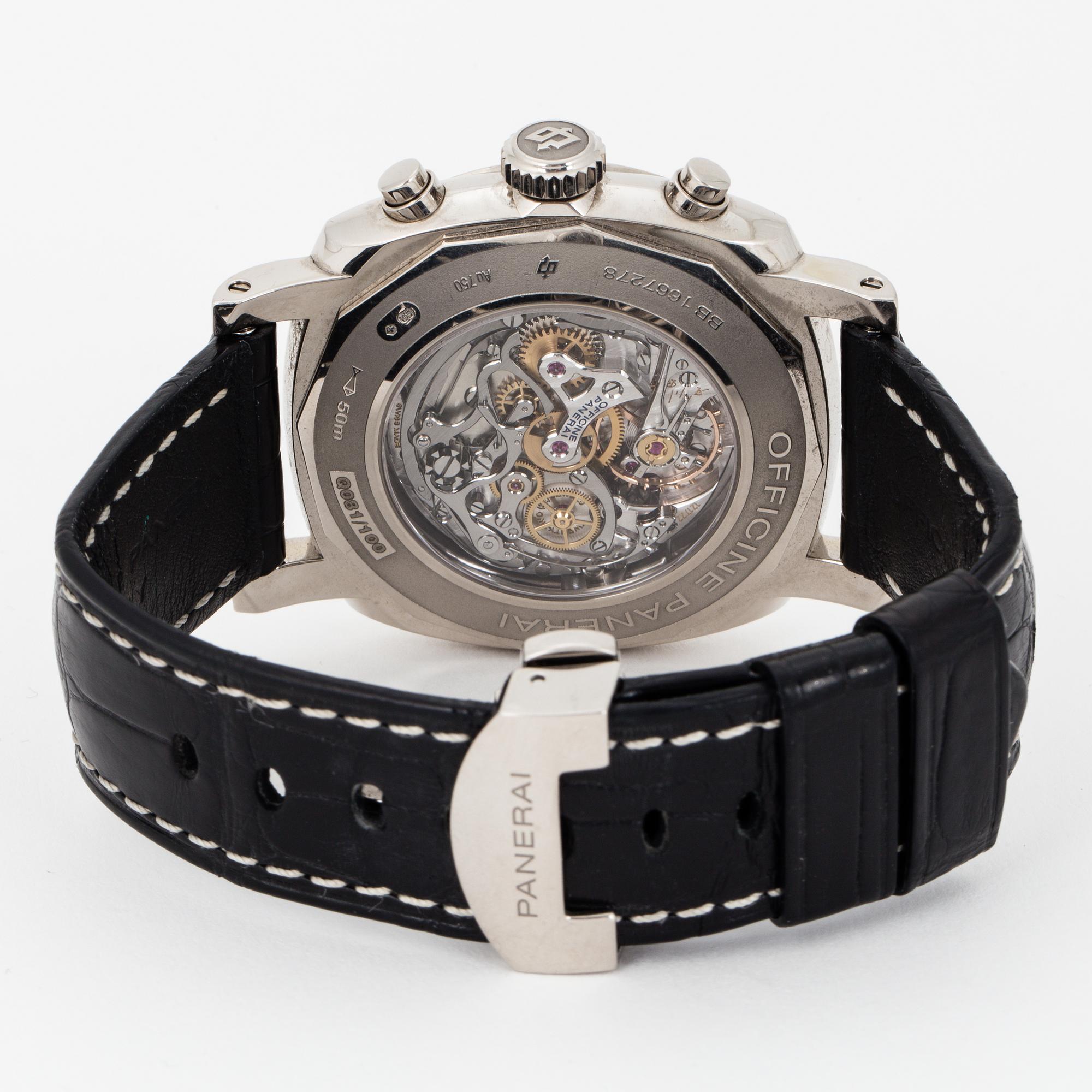 PANERAI, Radiomir 1940, chronograph. Case size: 45 mm 
Material: 18K white gold 
Movement: manu...