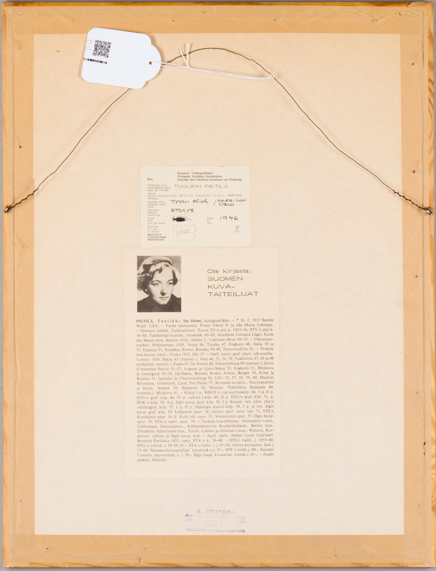 TUULIKKI PIETILÄ, etsning, signerad, daterad 1946 och numrerad 20/20. Konstnärens avdrag.