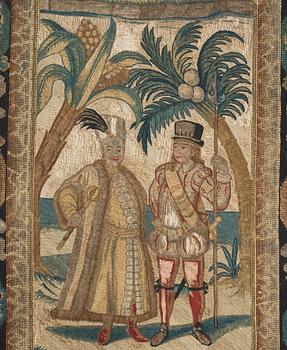 EMBROIDERY. Cross stitches and petit point. 267,5 x 162,5 cm. Probably England, around 1700.