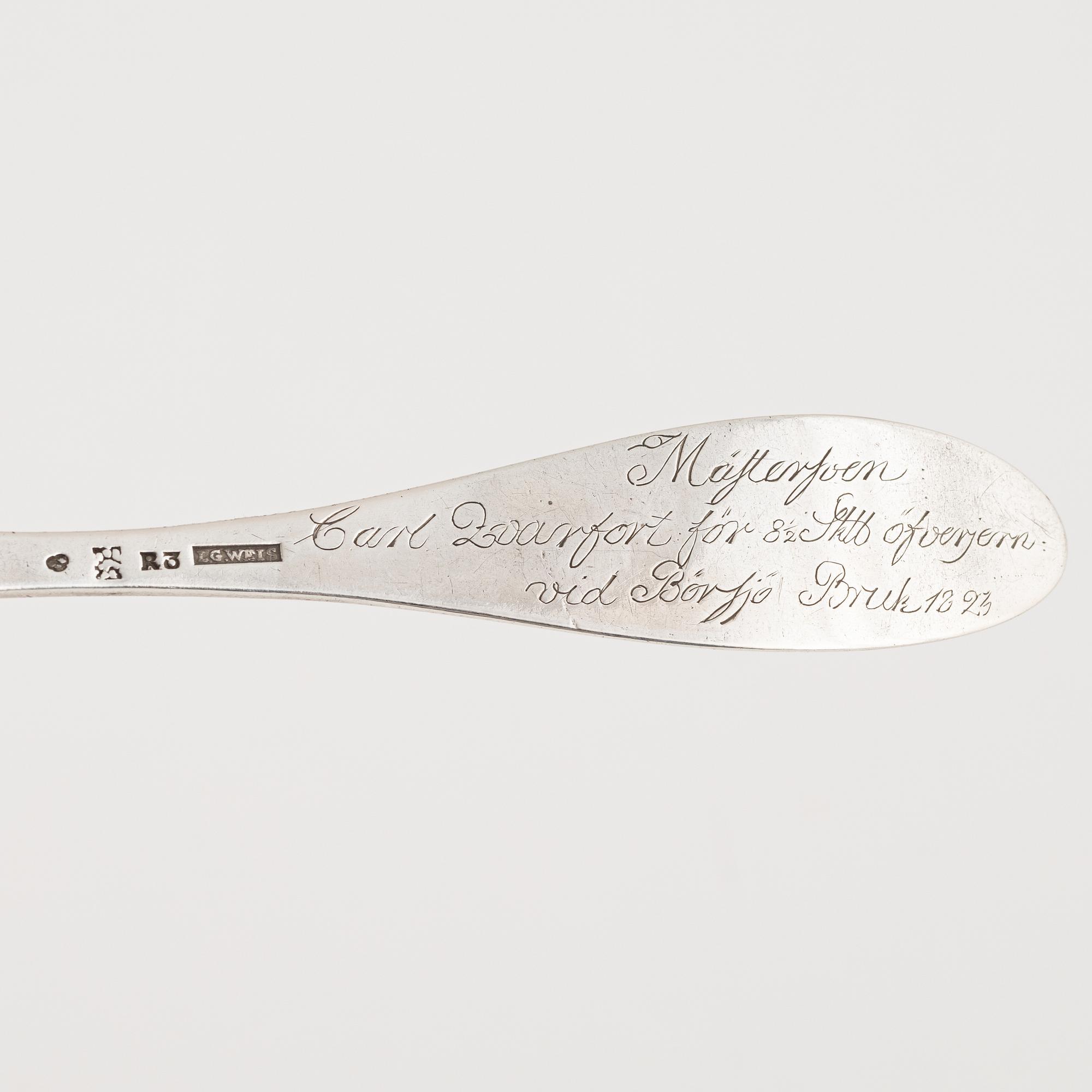 A Swedish Silver Spoon, rewarded at Börsjö Bruk 1823, mark of Lorenz Georg Weis, Norrköping 1823.