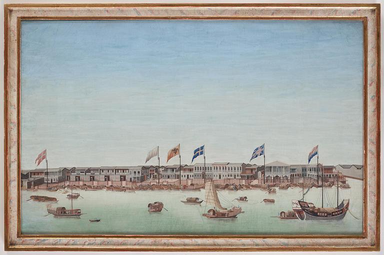 A Chinese Export painting of the Hongs of Canton, Qing dynasty, 18th century.