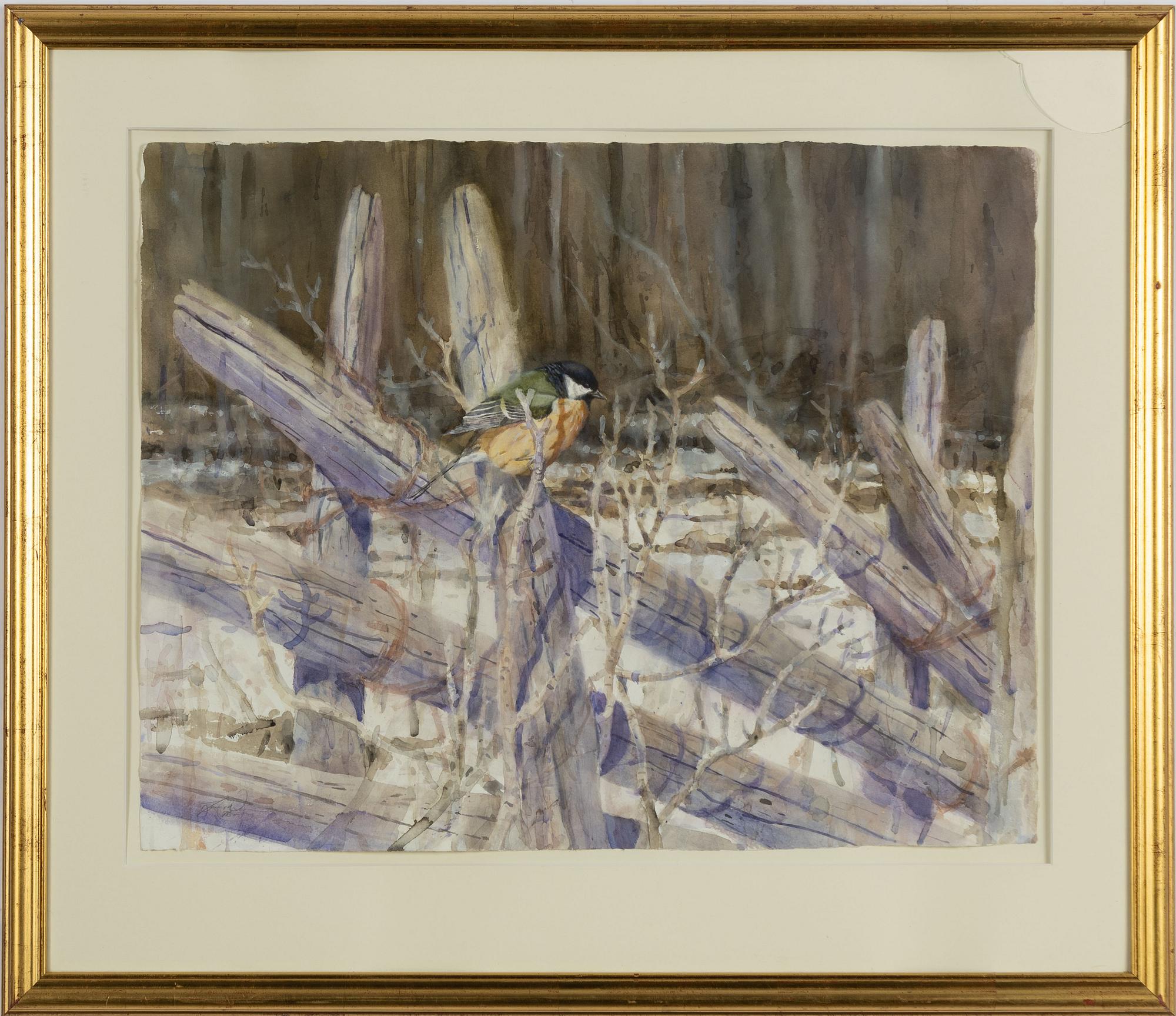 Jonas Nilsson, Winter Scene with Great Tit on a Fence.