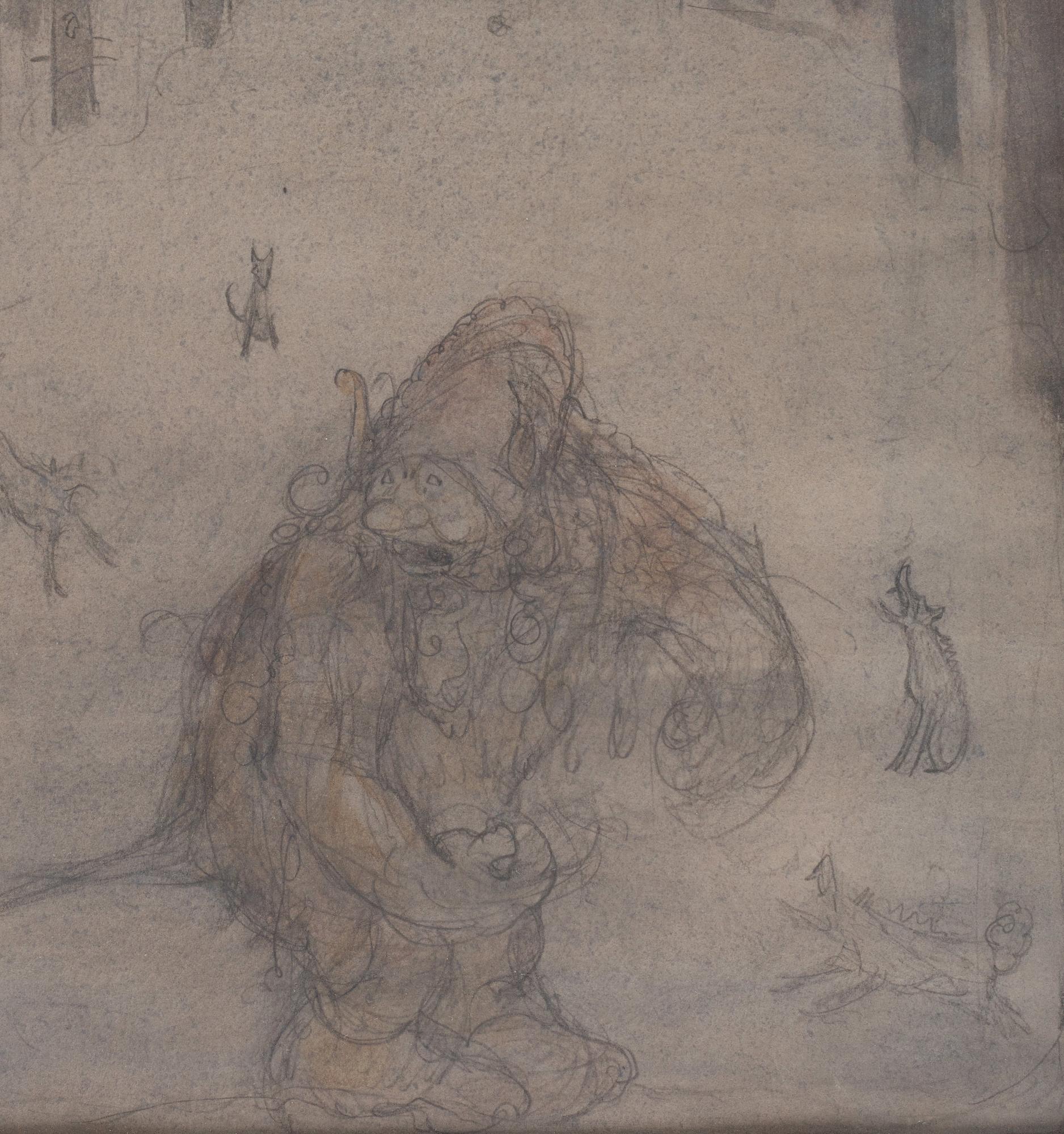 John Bauer, Drawing for "Det var ju rakt omöjligt att stå ut med så'na där skällande tjutande rackare".