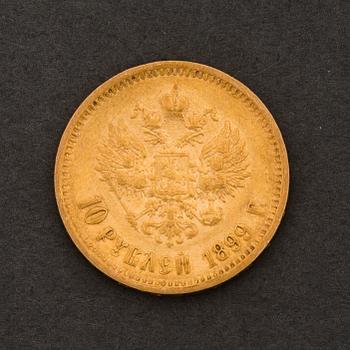 A Russian 10 Rubel gold coin, Nicholas II, 1899.