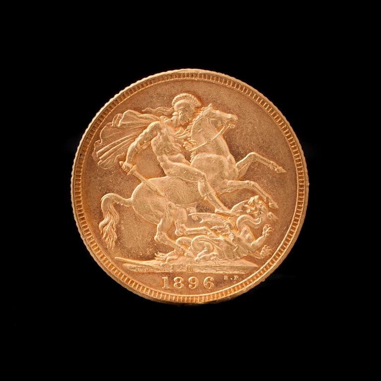 GULDMYNT, Sovereign Victoria, Storbritannien 1896. Vikt 8 g.