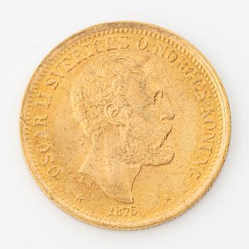 Gold coin, Oscar II, 20 kronor, type I, Sweden 1875.